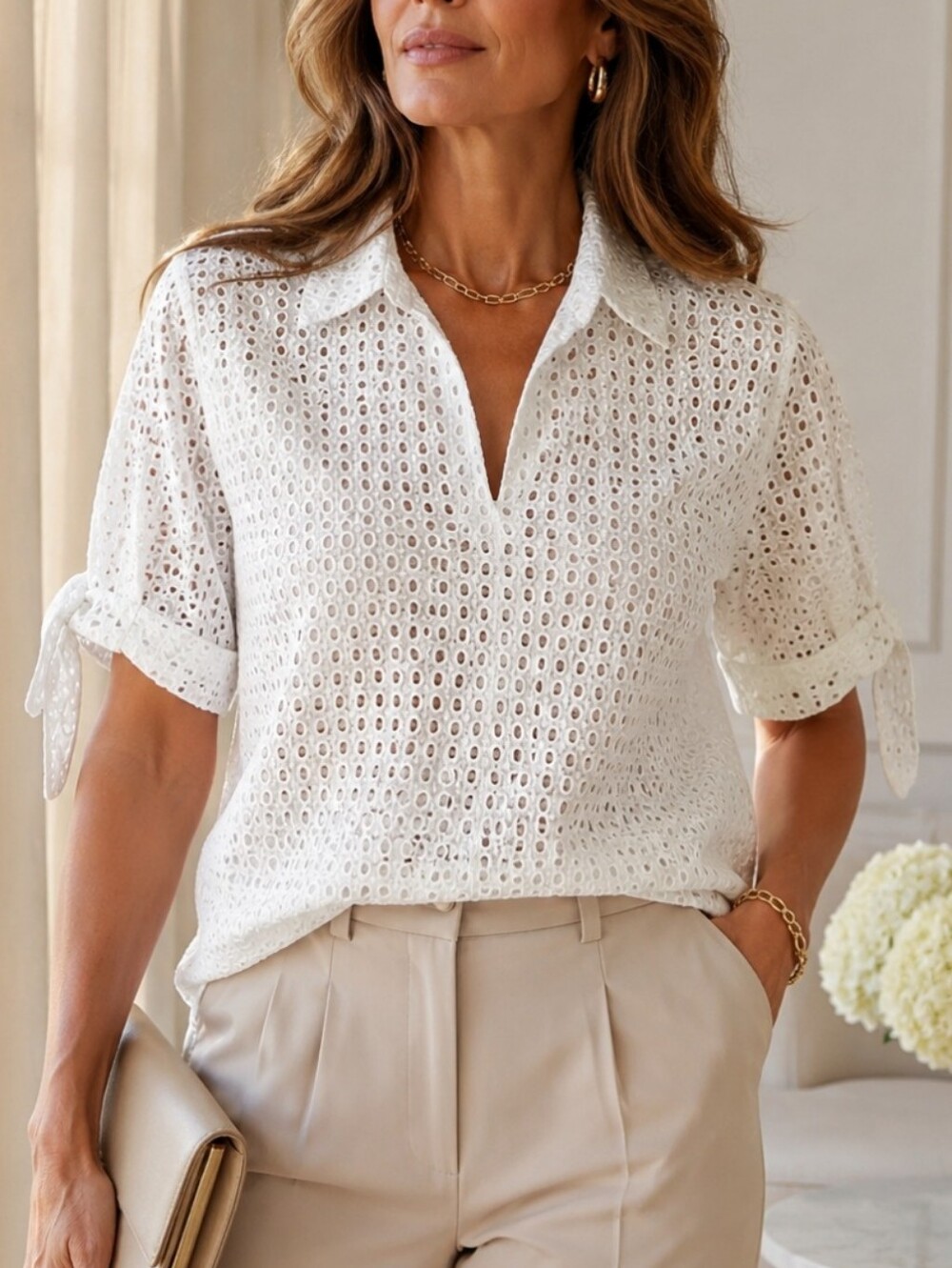 Talbots Plus 2X White Eyelet Embroidered Cotton Tunic Top Tie Sleeves